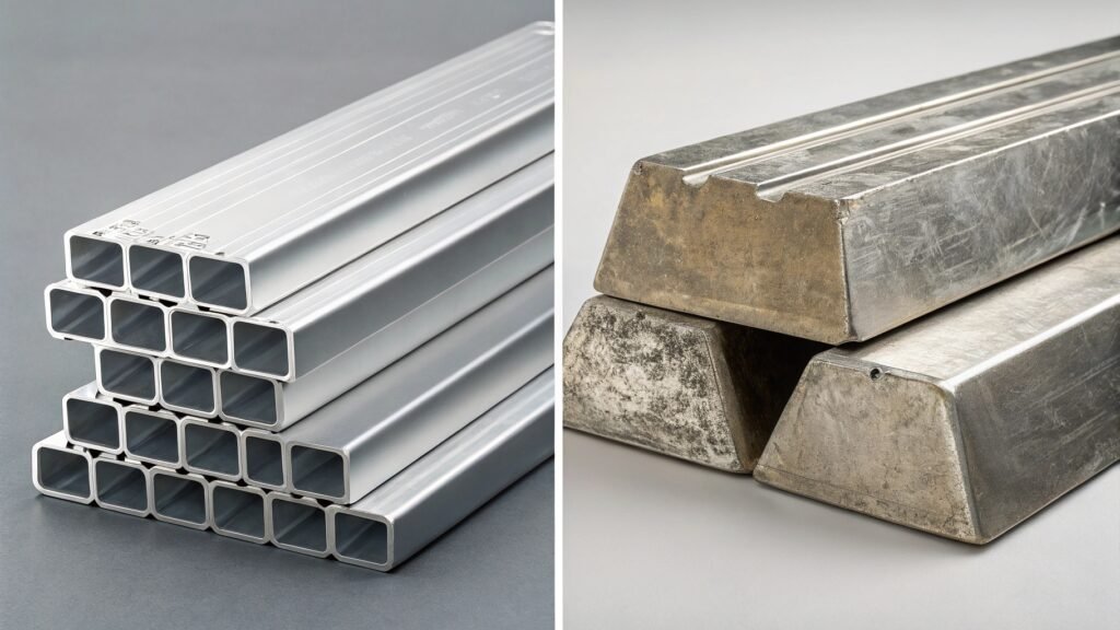 Raw aluminum ingots next to various extruded aluminum profiles